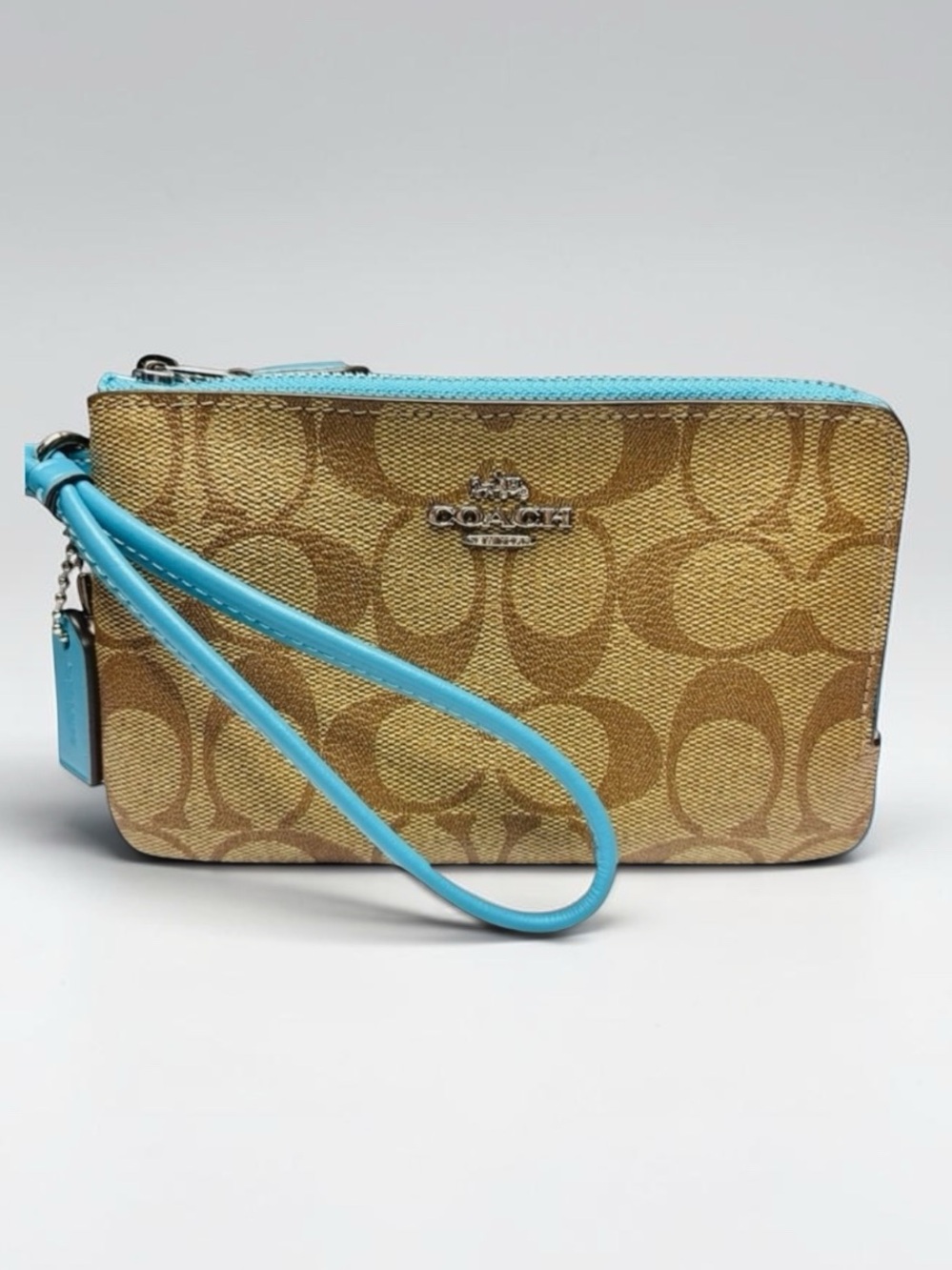 Coach NWOT Signature Double Zip Wristlet Khaki Aqua Blue Canvas Leather 87591